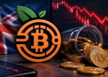 Logo de Satsuma junto a un frasco volcado de monedas de Bitcoin, gráficos de mercado bajistas en rojo y bandera del Reino Unido de fondo.