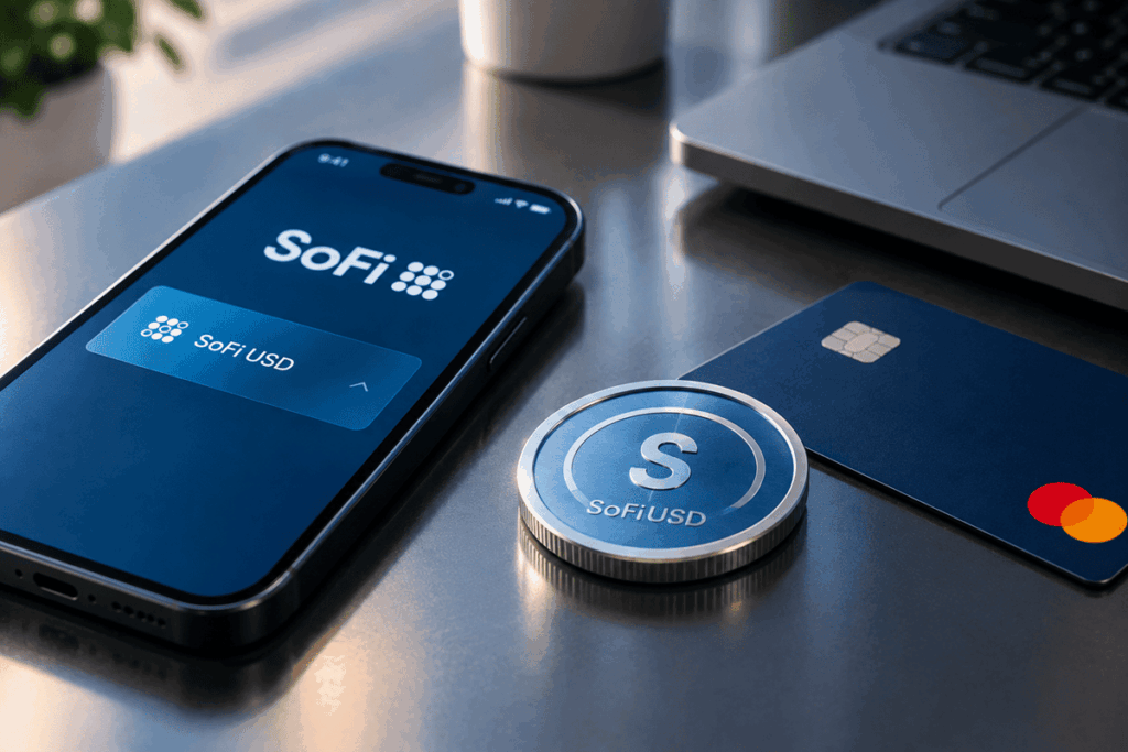 Moneda SoFiUSD junto a una tarjeta Mastercard y un celular.