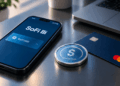 Moneda SoFiUSD junto a una tarjeta Mastercard y un celular.