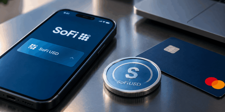 Moneda SoFiUSD junto a una tarjeta Mastercard y un celular.