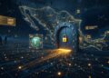 Ilustración digital que muestra un mapa iluminado de México protegido por una bóveda con una puerta blindada y un candado dorado cerrado. A la izquierda, un flujo de conexiones luminosas transmite el símbolo de Tether (USDT) desde un entorno financiero internacional hacia la puerta de entrada al país, simbolizando el reto regulatorio para el despliegue de capital.
