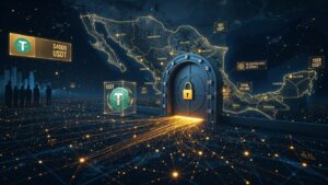 Ilustración digital que muestra un mapa iluminado de México protegido por una bóveda con una puerta blindada y un candado dorado cerrado. A la izquierda, un flujo de conexiones luminosas transmite el símbolo de Tether (USDT) desde un entorno financiero internacional hacia la puerta de entrada al país, simbolizando el reto regulatorio para el despliegue de capital.