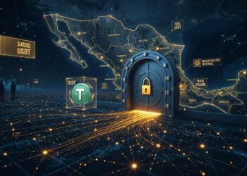 Ilustración digital que muestra un mapa iluminado de México protegido por una bóveda con una puerta blindada y un candado dorado cerrado. A la izquierda, un flujo de conexiones luminosas transmite el símbolo de Tether (USDT) desde un entorno financiero internacional hacia la puerta de entrada al país, simbolizando el reto regulatorio para el despliegue de capital.