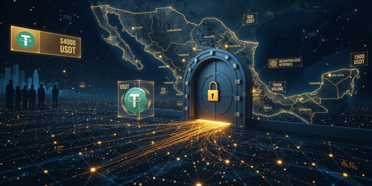 Ilustración digital que muestra un mapa iluminado de México protegido por una bóveda con una puerta blindada y un candado dorado cerrado. A la izquierda, un flujo de conexiones luminosas transmite el símbolo de Tether (USDT) desde un entorno financiero internacional hacia la puerta de entrada al país, simbolizando el reto regulatorio para el despliegue de capital.