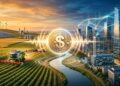 Paisaje dividido en dos mitades: campos agrícolas sudamericanos con maquinaria y planta de energía (Tether) a la izquierda, y ciudad financiera moderna con redes de datos (Circle) a la derecha. En el centro, una stablecoin luminosa flota sobre una línea divisoria que conecta ambos mundos. La imagen simboliza la bifurcación estratégica de las stablecoins entre activos tangibles e infraestructura bancaria.