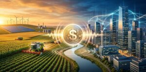 Paisaje dividido en dos mitades: campos agrícolas sudamericanos con maquinaria y planta de energía (Tether) a la izquierda, y ciudad financiera moderna con redes de datos (Circle) a la derecha. En el centro, una stablecoin luminosa flota sobre una línea divisoria que conecta ambos mundos. La imagen simboliza la bifurcación estratégica de las stablecoins entre activos tangibles e infraestructura bancaria.