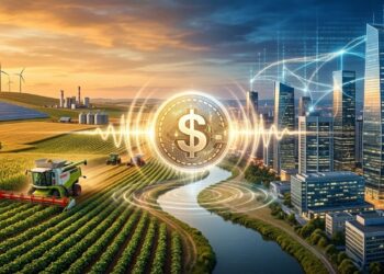 Paisaje dividido en dos mitades: campos agrícolas sudamericanos con maquinaria y planta de energía (Tether) a la izquierda, y ciudad financiera moderna con redes de datos (Circle) a la derecha. En el centro, una stablecoin luminosa flota sobre una línea divisoria que conecta ambos mundos. La imagen simboliza la bifurcación estratégica de las stablecoins entre activos tangibles e infraestructura bancaria.