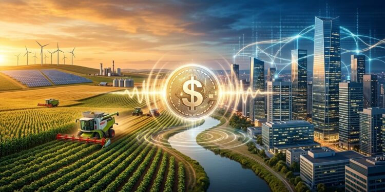 Paisaje dividido en dos mitades: campos agrícolas sudamericanos con maquinaria y planta de energía (Tether) a la izquierda, y ciudad financiera moderna con redes de datos (Circle) a la derecha. En el centro, una stablecoin luminosa flota sobre una línea divisoria que conecta ambos mundos. La imagen simboliza la bifurcación estratégica de las stablecoins entre activos tangibles e infraestructura bancaria.