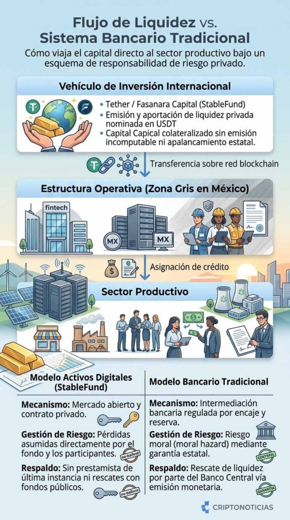Infografía que compara el flujo de liquidez del fondo StableFund en USDT contra el sistema bancario tradicional. Muestra el trayecto desde el vehículo internacional de Tether y Fasanara Capital sobre blockchain, pasando por la estructura operativa en México, hasta llegar al sector productivo. En la parte inferior, una tabla contrapone la gestión de riesgo privado del modelo de activos digitales sin rescate estatal frente a la garantía del banco central en la banca comercial.