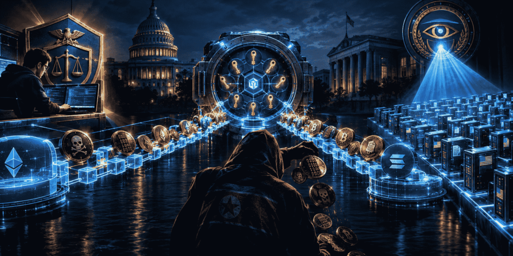 Ilustración de un puente digital con monedas robadas, un desarrollador protegido por el DOJ y un ojo de la OFAC sobre 100 nodos.