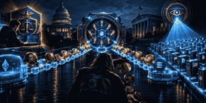 Ilustración de un puente digital con monedas robadas, un desarrollador protegido por el DOJ y un ojo de la OFAC sobre 100 nodos.