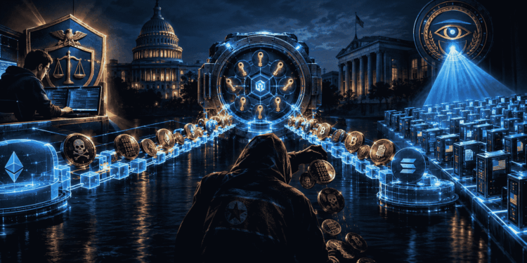 Ilustración de un puente digital con monedas robadas, un desarrollador protegido por el DOJ y un ojo de la OFAC sobre 100 nodos.
