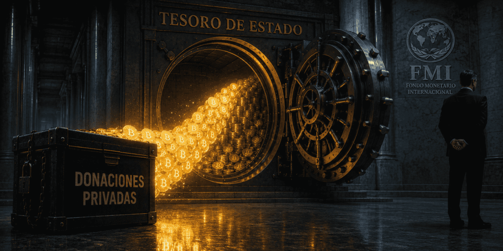 Ilustración editorial conceptual de una caja fuerte metálica estatal. De una caja negra sellada y opaca con la etiqueta "Donaciones Privadas" brota un torrente de monedas de Bitcoin que cae directamente en la caja fuerte. A un lado, una figura corporativa de traje oscuro que representa al Fondo Monetario Internacional está de espaldas, mirando hacia el otro lado e ignorando por completo el flujo de dinero.