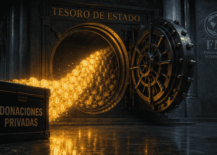 Ilustración editorial conceptual de una caja fuerte metálica estatal. De una caja negra sellada y opaca con la etiqueta "Donaciones Privadas" brota un torrente de monedas de Bitcoin que cae directamente en la caja fuerte. A un lado, una figura corporativa de traje oscuro que representa al Fondo Monetario Internacional está de espaldas, mirando hacia el otro lado e ignorando por completo el flujo de dinero.