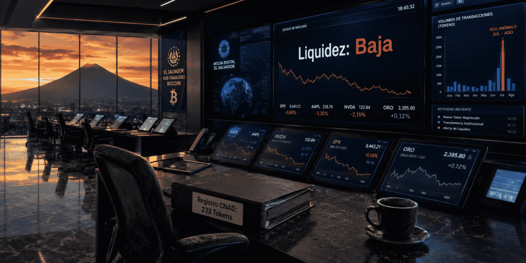 Sala de operaciones financieras vacía con pantallas que muestran acciones de Apple y NVIDIA, junto a un gráfico que evidencia el pico de emisiones en julio-agosto. Sobre el escritorio, una carpeta titulada "Registro CNAD: 233 Tokens" y un cartel rojo que dice "Liquidez: Baja". La imagen transmite la paradoja de una oferta sofisticada sin demanda real.