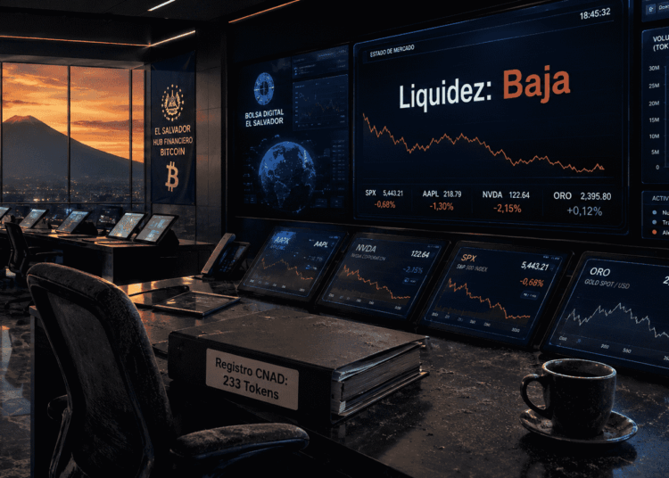Sala de operaciones financieras vacía con pantallas que muestran acciones de Apple y NVIDIA, junto a un gráfico que evidencia el pico de emisiones en julio-agosto. Sobre el escritorio, una carpeta titulada "Registro CNAD: 233 Tokens" y un cartel rojo que dice "Liquidez: Baja". La imagen transmite la paradoja de una oferta sofisticada sin demanda real.