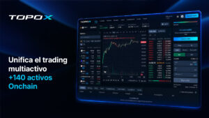 Promocional de Topox, que unifica el trading de contratos perpetuos con más de 140 activos onchain, a la derecha una captura de la plataforma de trading.