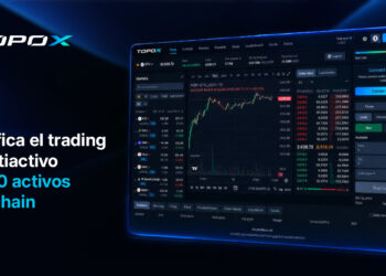 Promocional de Topox, que unifica el trading de contratos perpetuos con más de 140 activos onchain, a la derecha una captura de la plataforma de trading.