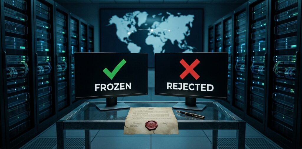 Ilustración de una sala de servidores con dos pantallas enfrentadas. Una muestra un check verde con la palabra "FROZEN"; la otra, una equis roja con la palabra "REJECTED". Al fondo, un mapa mundial desenfocado con dos puntos conectados por una línea punteada.