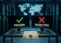 Ilustración de una sala de servidores con dos pantallas enfrentadas. Una muestra un check verde con la palabra "FROZEN"; la otra, una equis roja con la palabra "REJECTED". Al fondo, un mapa mundial desenfocado con dos puntos conectados por una línea punteada.