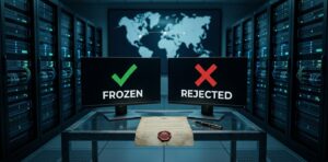 Ilustración de una sala de servidores con dos pantallas enfrentadas. Una muestra un check verde con la palabra "FROZEN"; la otra, una equis roja con la palabra "REJECTED". Al fondo, un mapa mundial desenfocado con dos puntos conectados por una línea punteada.