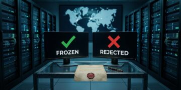 Ilustración de una sala de servidores con dos pantallas enfrentadas. Una muestra un check verde con la palabra "FROZEN"; la otra, una equis roja con la palabra "REJECTED". Al fondo, un mapa mundial desenfocado con dos puntos conectados por una línea punteada.