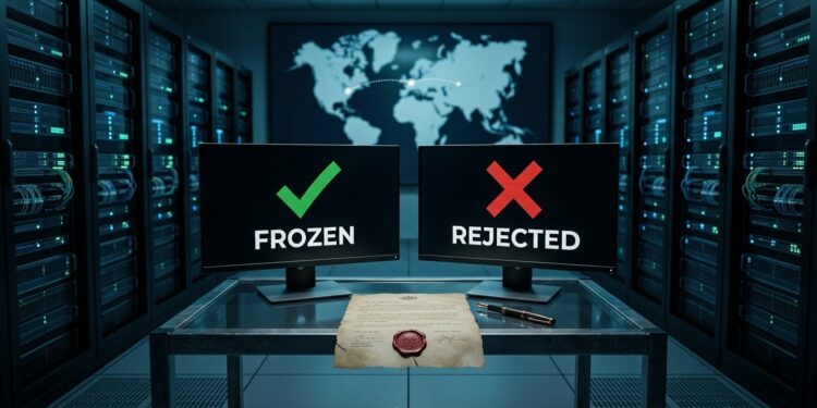 Ilustración de una sala de servidores con dos pantallas enfrentadas. Una muestra un check verde con la palabra "FROZEN"; la otra, una equis roja con la palabra "REJECTED". Al fondo, un mapa mundial desenfocado con dos puntos conectados por una línea punteada.