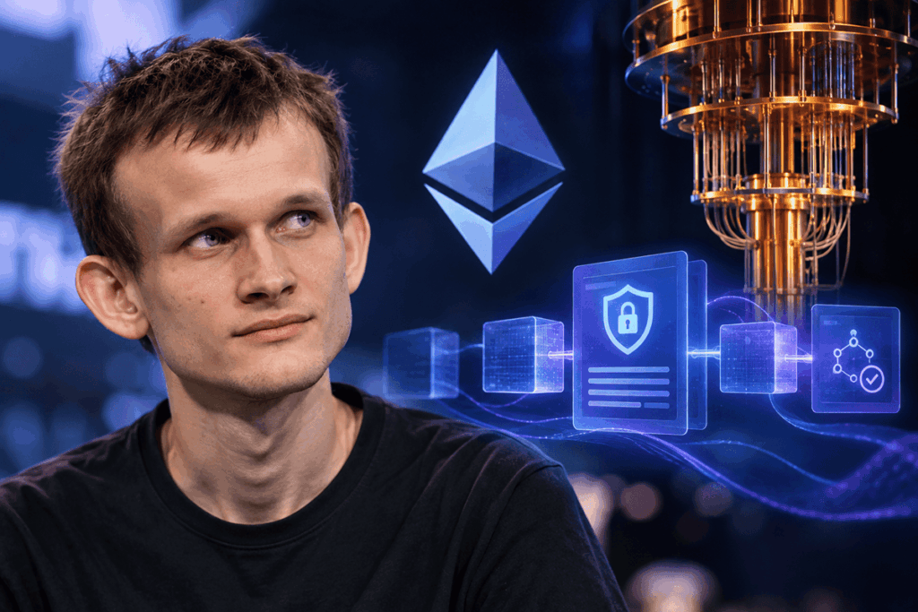 Vitalik Buterin junto a Ethereum y una computadora cuántica.