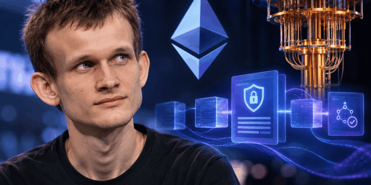 Vitalik Buterin junto a Ethereum y una computadora cuántica.