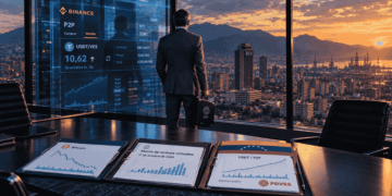 lustración editorial sobre la estrategia del FMI frente a las stablecoins en América Latina. Un funcionario del Fondo observa Caracas desde un rascacielos mientras el reflejo del ventanal muestra una orden de Binance P2P en USDT. La imagen ilustra la conclusión del reportaje: en El Salvador el FMI desmanteló bitcoin del Estado, en Bolivia licencia exchanges, y en Venezuela no encuentra un intermediario central al que exigir KYC porque el mayor usuario de USDT es PDVSA.