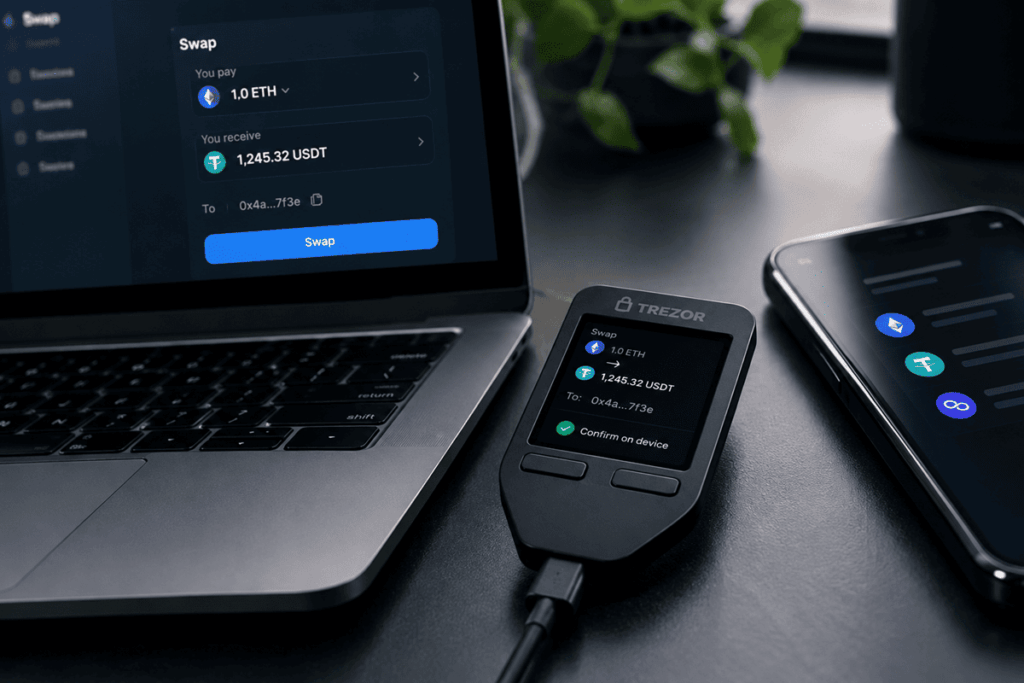 Wallet física conectada a una computadora para verificar una transacción de criptomonedas