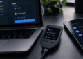 Wallet física conectada a una computadora para verificar una transacción de criptomonedas