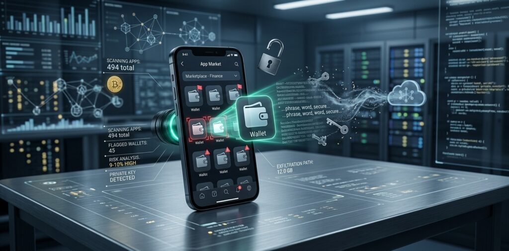 Ilustración digital de un teléfono inteligente sobre una mesa de análisis forense. En la pantalla se ve una tienda de aplicaciones con iconos de billeteras de criptomonedas; varios tienen banderas rojas y triángulos de advertencia. Una lupa ilumina una app y de ella salen líneas de código, palabras de frase semilla y símbolos de clave privada hacia un servidor remoto. Un candado roto y datos superpuestos como “45/494” y “9-10%” refuerzan la alerta de seguridad.