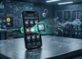Ilustración digital de un teléfono inteligente sobre una mesa de análisis forense. En la pantalla se ve una tienda de aplicaciones con iconos de billeteras de criptomonedas; varios tienen banderas rojas y triángulos de advertencia. Una lupa ilumina una app y de ella salen líneas de código, palabras de frase semilla y símbolos de clave privada hacia un servidor remoto. Un candado roto y datos superpuestos como “45/494” y “9-10%” refuerzan la alerta de seguridad.