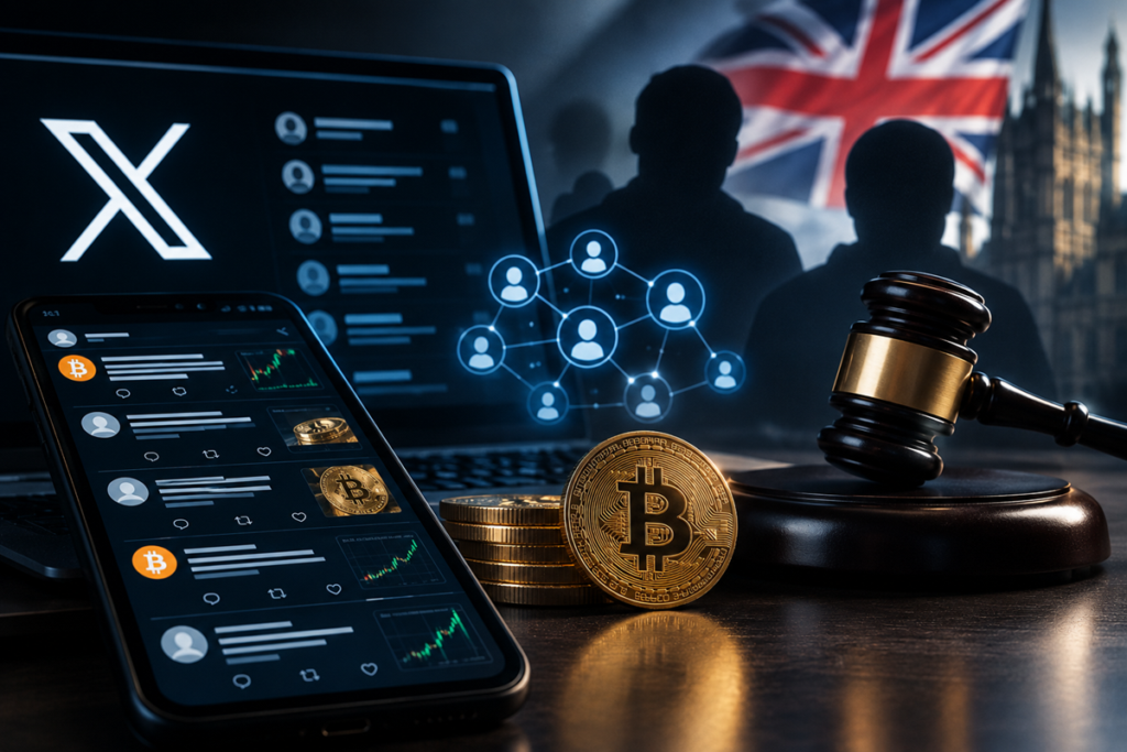 Pantalla de X con publicaciones sobre Bitcoin, monedas digitales, una red de cuentas y un mazo judicial.