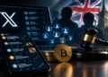 Pantalla de X con publicaciones sobre Bitcoin, monedas digitales, una red de cuentas y un mazo judicial.