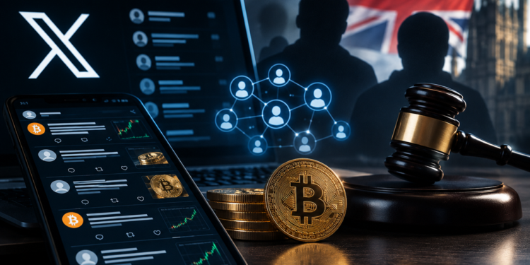Pantalla de X con publicaciones sobre Bitcoin, monedas digitales, una red de cuentas y un mazo judicial.