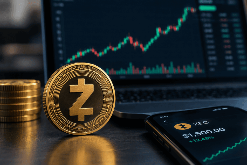 Moneda de Zcash junto a otras monedas, con un gráfico alcista y el precio de ZEC en una pantalla.