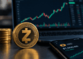 Moneda de Zcash junto a otras monedas, con un gráfico alcista y el precio de ZEC en una pantalla.