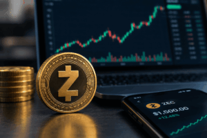 Moneda de Zcash junto a otras monedas, con un gráfico alcista y el precio de ZEC en una pantalla.