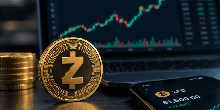 Moneda de Zcash junto a otras monedas, con un gráfico alcista y el precio de ZEC en una pantalla.