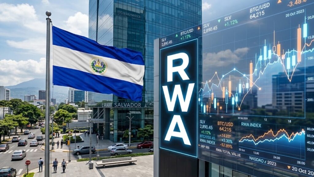 Bandera de El Salvador junto a la palabra RWA y gráficas de mercado en el fondo