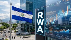 Bandera de El Salvador junto a la palabra RWA y gráficas de mercado en el fondo