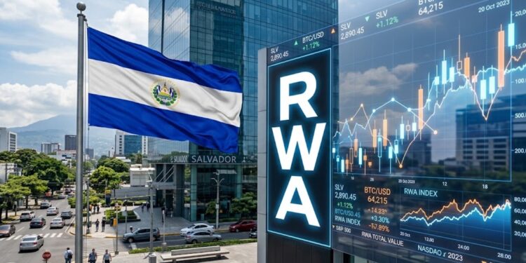 Bandera de El Salvador junto a la palabra RWA y gráficas de mercado en el fondo
