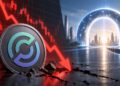Gráfico que muestra un gráfico de precio en rojo con una moneda de Circle delante junto a un camino que conduce a un arco brillante.