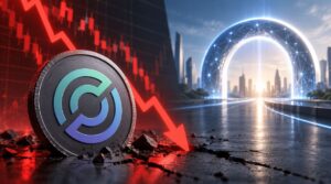 Gráfico que muestra un gráfico de precio en rojo con una moneda de Circle delante junto a un camino que conduce a un arco brillante.
