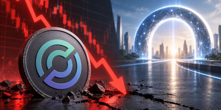 Gráfico que muestra un gráfico de precio en rojo con una moneda de Circle delante junto a un camino que conduce a un arco brillante.
