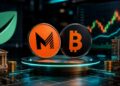 Monedas con el logo de Metaplanet y Strategy sobre un podio con un gráfico bursátil y edificios financieros de fondo.