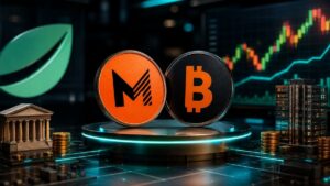 Monedas con el logo de Metaplanet y Strategy sobre un podio con un gráfico bursátil y edificios financieros de fondo.