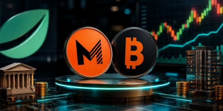 Monedas con el logo de Metaplanet y Strategy sobre un podio con un gráfico bursátil y edificios financieros de fondo.